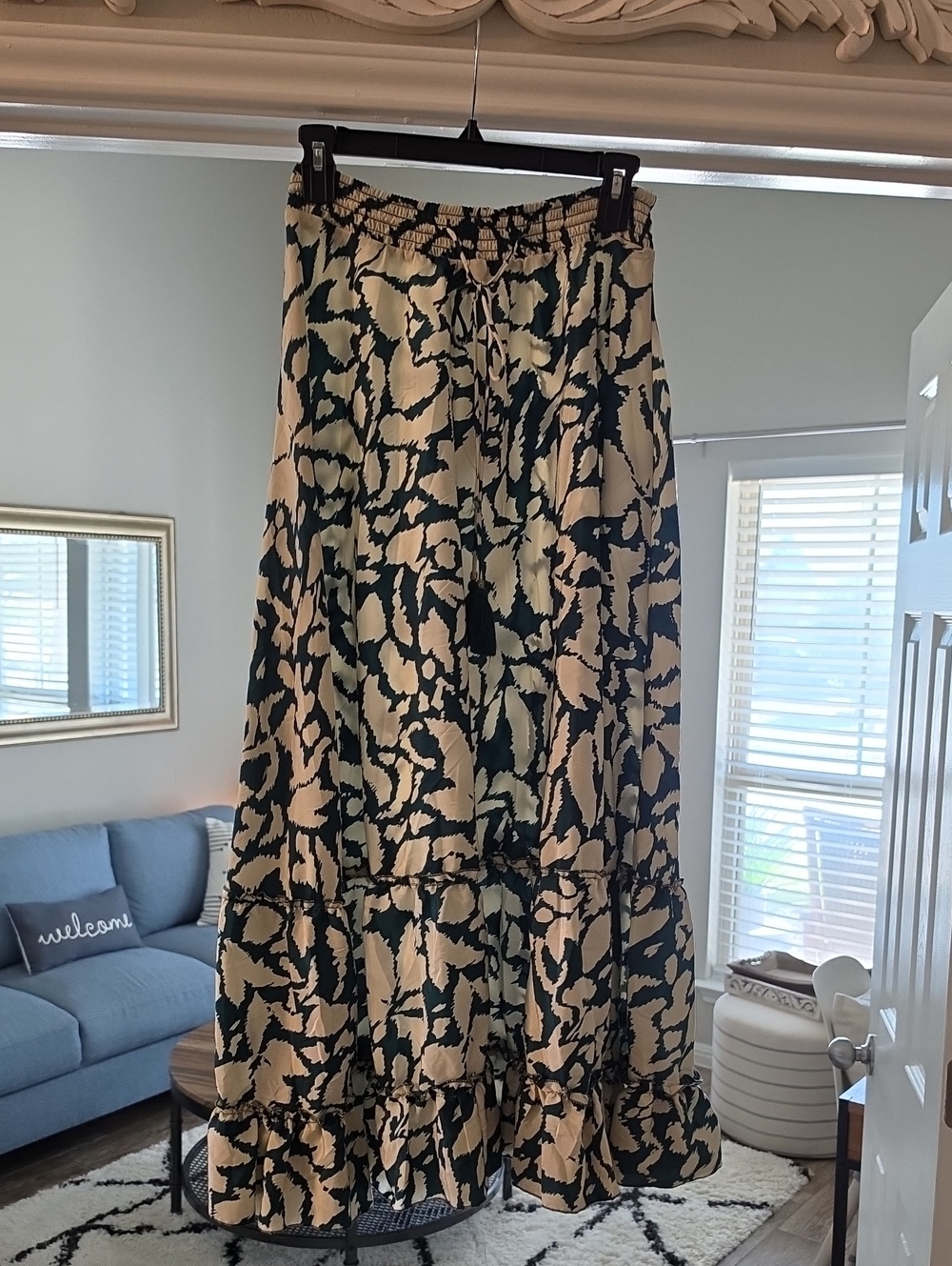 Tiered Maxi Skirt in Beige & Green Abstract Print